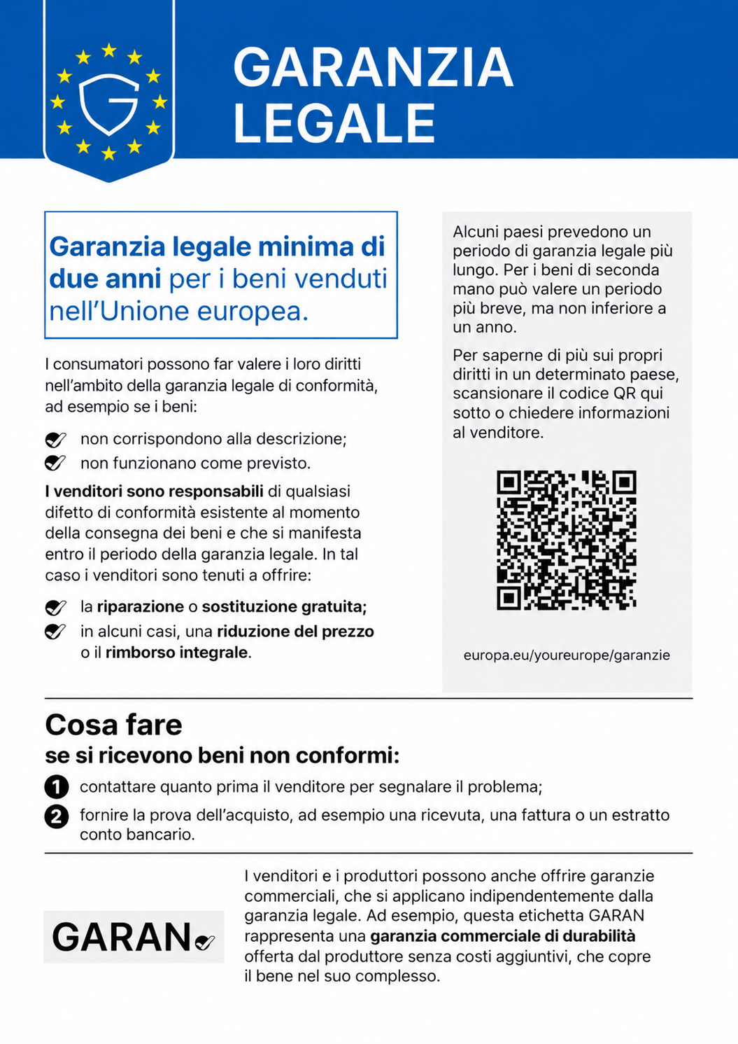 Avviso armonizzato ufficiale sulla garanzia legale di conformità: garanzia legale minima di due anni per i beni venduti nell’Unione europea